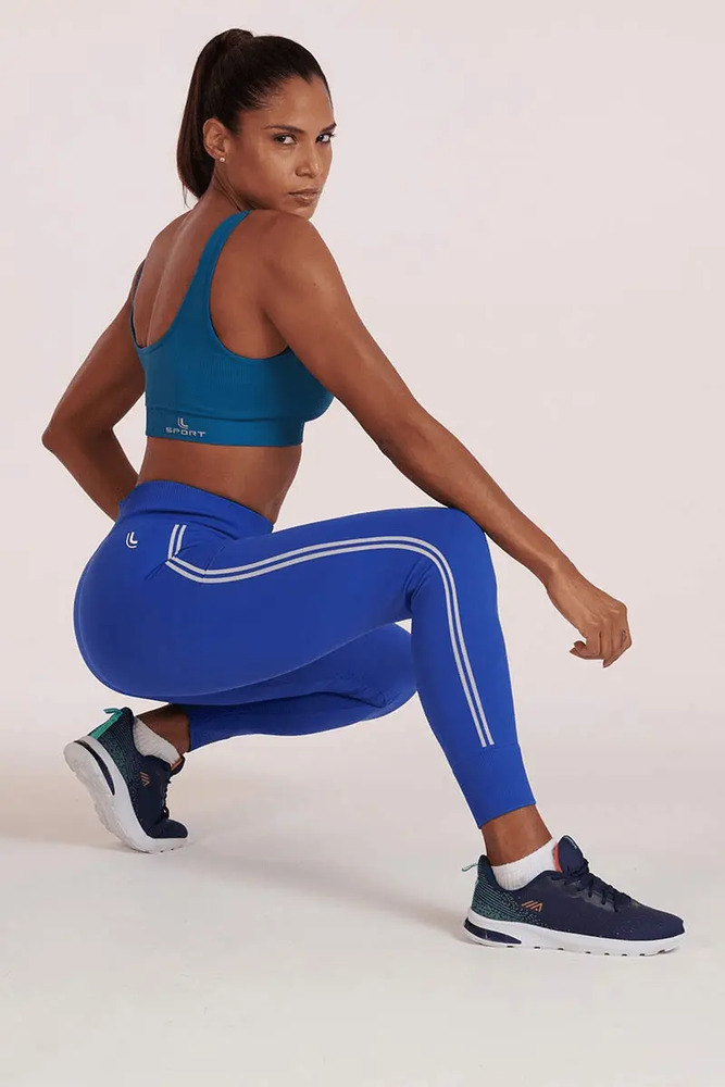 Calza Lupo Seamless Con Rayas Laterales Sin Costuras Fitness Azul Lisa L - Imagen 3